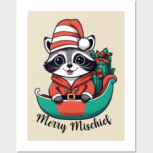 Merry Mischief Raccoon Christmas Sleigh Tee Posters and Art